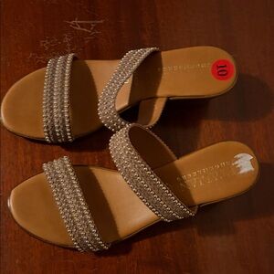Italian Shoemakers Tan Beaded Double-Strap Slide Sandals
